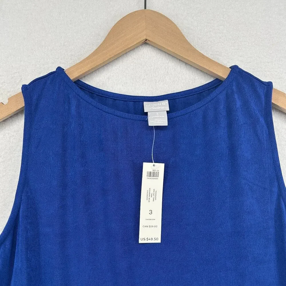 CHICOS Top 3 XL TRAVELERS Classic Side Slit Tank Naia Boat Neck Tunic Blue NEW_2